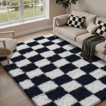 Tapete xadrez 5x7 para sala de estar – Preto e branco, moderno, felpudo, super macio, lavável, antiderrapante, tapete fofo para interiores.