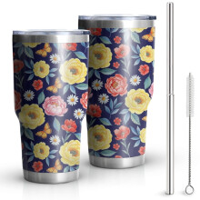 Gobelet isotherme Pioneer Flower de 887 ml (30 oz), à motif floral, double paroi, couvercle étanche sans BPA et pailles réutilisables. Maintient