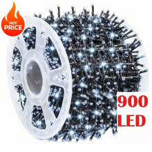 Guirlande lumineuse 900 LED, 90 m, 8 modes, fonction mémoire, fil vert étanche – Décoration extérieure/jardin/anniversaire (multicolore/blanc