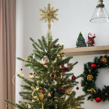 Powdered Octagonal Star Tree Top Decoration - Elegant Pull String Star for Christmas Tree, Premium Holiday Tree Topper with Sparkling Gold Finish