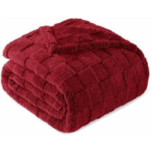 Queen Size Flannel Fleece Blanket, Super Soft and Warm Lightweight Checkered Pattern Blankets for All Seasons, 90x90 Inches, Deep Red