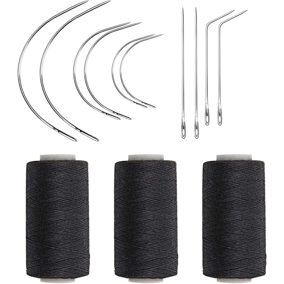 Unisex Black Weaving Needle Combo: 10Pcs C/J/I Curved Needles + 3 Threads For Wig Sewing & Hair Weave Extensions, Compatible With All Weft Types
