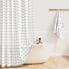 Boho Farmhouse Shower Curtain with Tassels 72x96 in