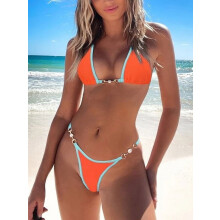 Dámské trojúhelníkové bikiny s ramínky, vysoký střih, tanga, samozavazovací dvoudílné plavky s umělými perlami, oranžové, velikost L