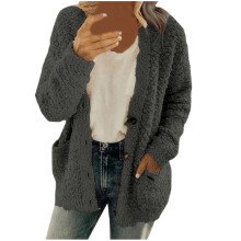 Cardigã feminino casual plus size, suéter de pelúcia com bolsos, botões e modelagem acolchoada, cinza escuro, tamanho P.