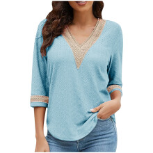 Dame V-hals striktrøje Behagelig langærmet Ribbede Manchetter V-hals Bluser med Knapper Ensfarvede Trendy Toppe til Daglig Brug (Lyseblå #3,3XL)