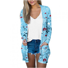 Cardigan da donna in cotone stampato, maniche lunghe, camicetta casual con tasca, capospalla, blu