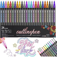 Dreamy Sparkle Dual-Line Contour Pen, 24 farver, selvkonturerende glittermarkører, fluorescerende metallisk, hurtigtørrende blæk, til