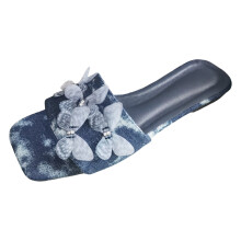 Blauwe zomersandalen voor dames, casual zomersandalen met parelmoer en vlinderdetails, cowboystijl, vierkante neus, platte zool, grote maten.
