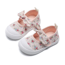Floral Hook & Loop Kids Sneakers, Soft Sole, Bowknot Design, Light Pink, Size 24, Compatible with First Walking & Outdoor Activities