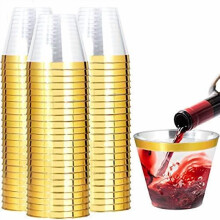 200 balení 9 oz priehľadných plastových pohárov so zlatým okrajom – elegantné jednorazové poháre na víno a koktaily, vhodné na párty,