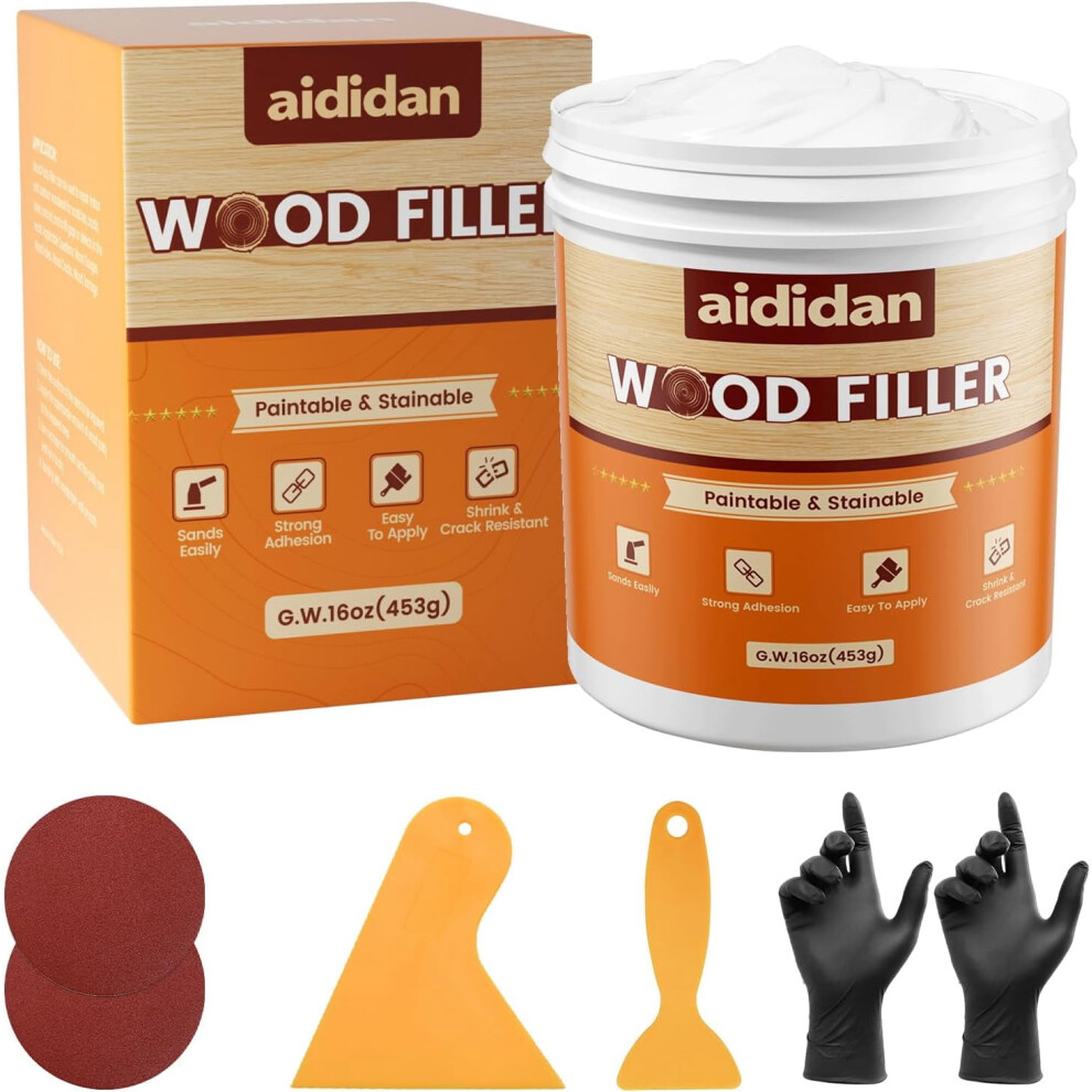 Wood Filler, Repair Kit, 16 Ounce Paintable & Stainable Putty Scratch Cracks Holes Furniture, Exterior Filler Water Resistant, (White) 9555307395362