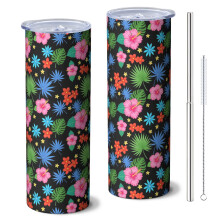 Pioneer Flower Floral Print Skinny Tumbler met rietje en deksel – Dubbelwandig vacuümgeïsoleerd, lekvrij, geschikt voor bekerhouders, warm 6 uur