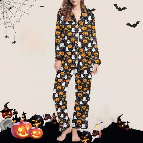 Γυναικείο σετ πιτζάμας με στάμπα φαντασμάτων για το Halloween 2025, άνετο παντελόνι με 1