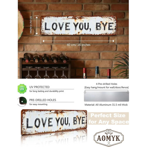 Placa de parede de metal "Love You Bye" em alumínio vintage, 40,6 x 10,2 cm (16 x 4 polegadas). 2