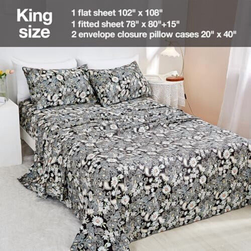 Σετ μαύρων σεντόνια με λουλούδια και paisley, king size, 4 τεμάχια από μικροΐνες 1