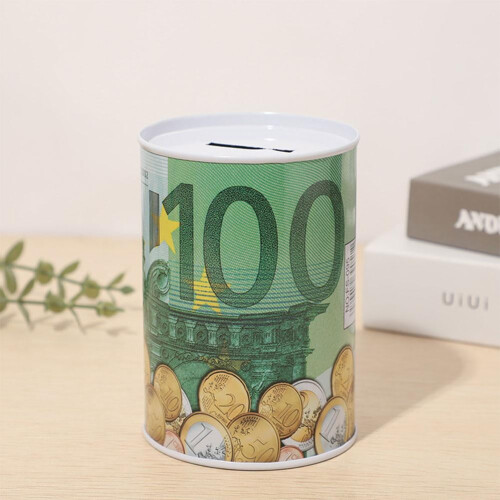 Salvadanaio in metallo con design a note, multicolore. 2