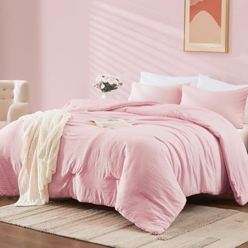 King size-dynesett med 2 puter, myk, forvasket rosa 1