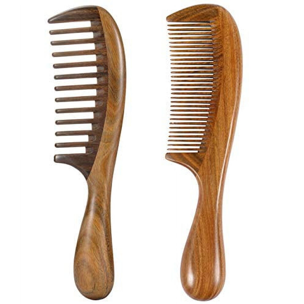 Unisex Green 2Pcs Wooden Hair Comb Wide Tooth Fine Tooth Detangling Sandalwood Combs | 2Pcs, Sandalwood, Combs