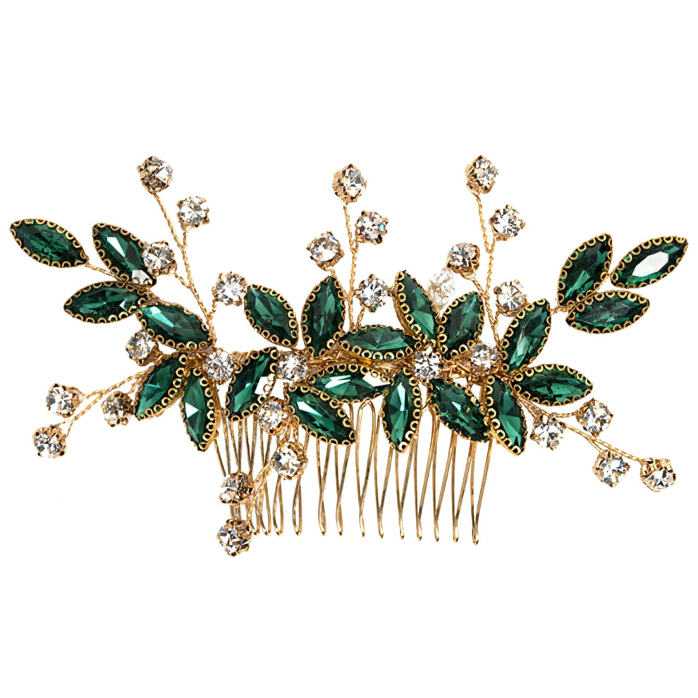 Green/Gold Phantom Crystal Hair Comb For Brides Â Floral Leaf Design, Elegant Wedding Hair Accessory, Compatible With Bridal Styles
