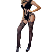 Women's Lingerie Bodysuit Set 2025 Valentine's Day Sexy Solid Color Mesh Cloth Transparent Hollow Socks And Nightwear Set Black