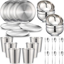 Service de table 30 pièces en acier inoxydable 304 – Assiettes, bols, tasses, fourchettes, cuillères – Vaisselle réutilisable pour le camping