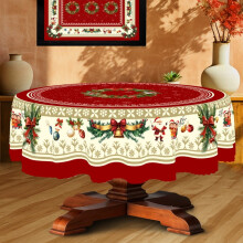 Nappe de Noël festive : Père Noël joyeux, rennes bondissants et bonhomme de neige, ornée de sapins de Noël et de grelots, ronde de 152 x 152 cm