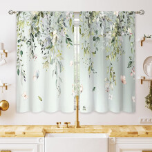Eucalyptus Botanical Leaves Curtains, Butterfly Farmhouse Floral Tier Drapes, Sage Green, 26x24 inch, Compatible with Standard Rods