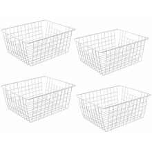 14" Upright Freezer Storage Baskets, White Wire Storage Bins Large Bakset for Freezer, Pantry, Bathroom Organizing, Set of 4