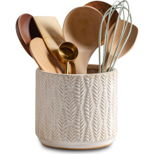 Porte-ustensiles rustique en céramique style ferme - Pot en grès artisanal de 13,5 cm avec base en liège, finition naturelle, compatible avec les