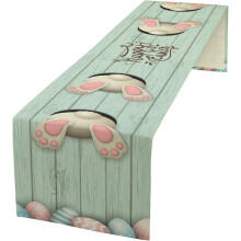 Chemin de table Lapin de Pâques – Lapin blanc rigolo et œufs colorés sur fond de bois bleu, décoration de cuisine joyeuse pour Pâques, 33 x