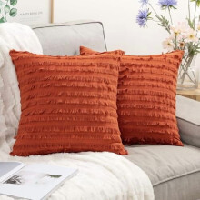 Boho Linen Throw Pillow Covers Set of 2, 20x20", Striped Jacquard, Burnt Orange – Compatible with Standard Square Pillows