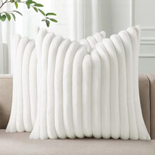 Housses de coussin décoratives en fausse fourrure pelucheuse 56 x 56 cm (lot de 2), douces et moelleuses, à rayures, blanches, pour canapé et