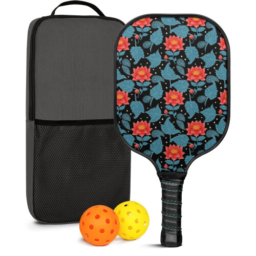 Σετ κουπιών Pickleball από fiberglass με λουλούδια, 2 μπάλες και τσάντα, συμβατό με παιχνίδι