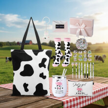 Coffret cadeau 66 pièces à motif vache pour femme : sac à main, cabas, mug, chaussettes, porte-clés, autocollants, stylo – Adorables articles
