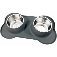 Skålsæt til hunde med mad og vand i rustfrit stål med spildfri silikonemåtte, kompatibel med små/mellemstore hunde og katte, grå, 24oz