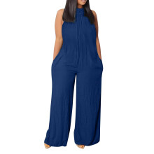 Macacão Plus Size Feminino Elegante de Linho com Pernas Largas, Cor Sólida, Sexy, Sem Mangas, Top Halter, Gola Alta, Azul Marinho, Tamanho XL