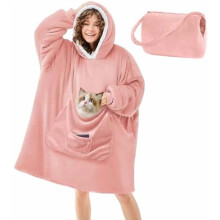 Couverture à capuche pliable rose, couverture surdimensionnée en sherpa avec grande poche – Idéale pour les amoureux des chats, cadeaux pour