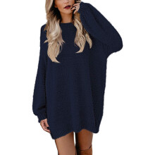 Robe femme unie à manches longues, col roulé, pull slim en peluche, bleu foncé, taille XL