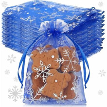 100 sachets cadeaux en organza bleu foncé à motif flocons de neige (10 x 15 cm) – Mini sachets à cordon pour bijoux et bonbons, parfaits pour