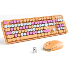Tastatură și mouse wireless, tastatură retro portocalie cu taste rotunde, 2.4GHz fără întreruperi de semnal, compatibilă cu