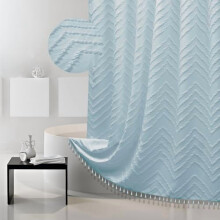 Boho-sumuinen sininen suihkuverho, kudottu kangas, söpö suihkuverho, 72x72, tuftattu chevron-kuvioitu raidallinen moderni maalaistalo,