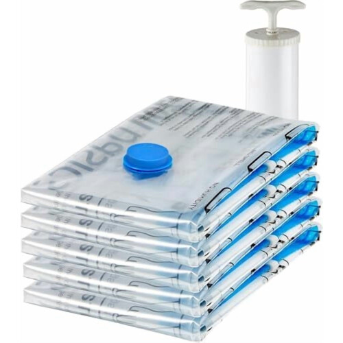Vacuum Compression Zipper Storage Bags With Hand Pump, Medium, Clear, 5-Pack, White, Sky Blue