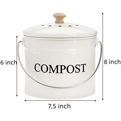 1-Gallon Odorless Kitchen Compost Bin with Charcoal Filter, Handle & Lid – White Scraps Caddy, Compatible with Standard Compost Systems 1