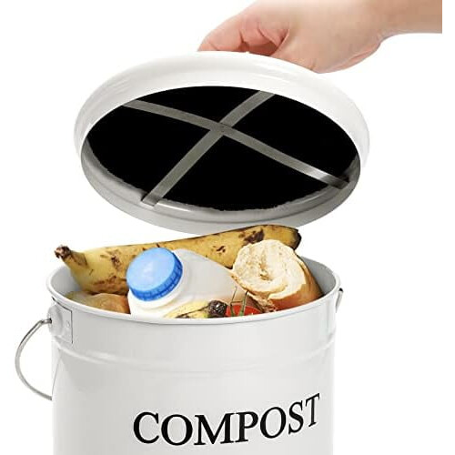 1-Gallon Odorless Kitchen Compost Bin with Charcoal Filter, Handle & Lid – White Scraps Caddy, Compatible with Standard Compost Systems 2