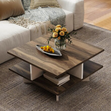 Mesa de centro cuadrada de 2 niveles con almacenamiento, estilo rústico moderno, mesa auxiliar, mesa de centro.