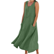 QLEICOM Maxi-jurk met U-hals van katoen-linnen voor dames, mouwloze casual zomerjurk met zakken, donkergroen maat L (US8), perfect voor een