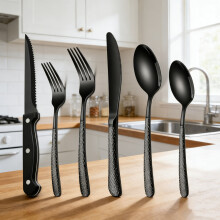Black Hammered Stainless Steel Flatware Set 24-Pc for 4