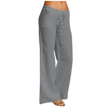 UTTOASFAY Pantaloni de damă Pantaloni casual solidi din bumbac și in, talie elastică, cu șnur, lungi și largi, gri XL