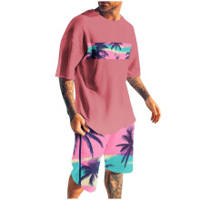Conjunto de shorts masculino, 2 peças, gola redonda, estampa, esportivo, slim, cintura elástica, blusa de manga curta com gola redonda.